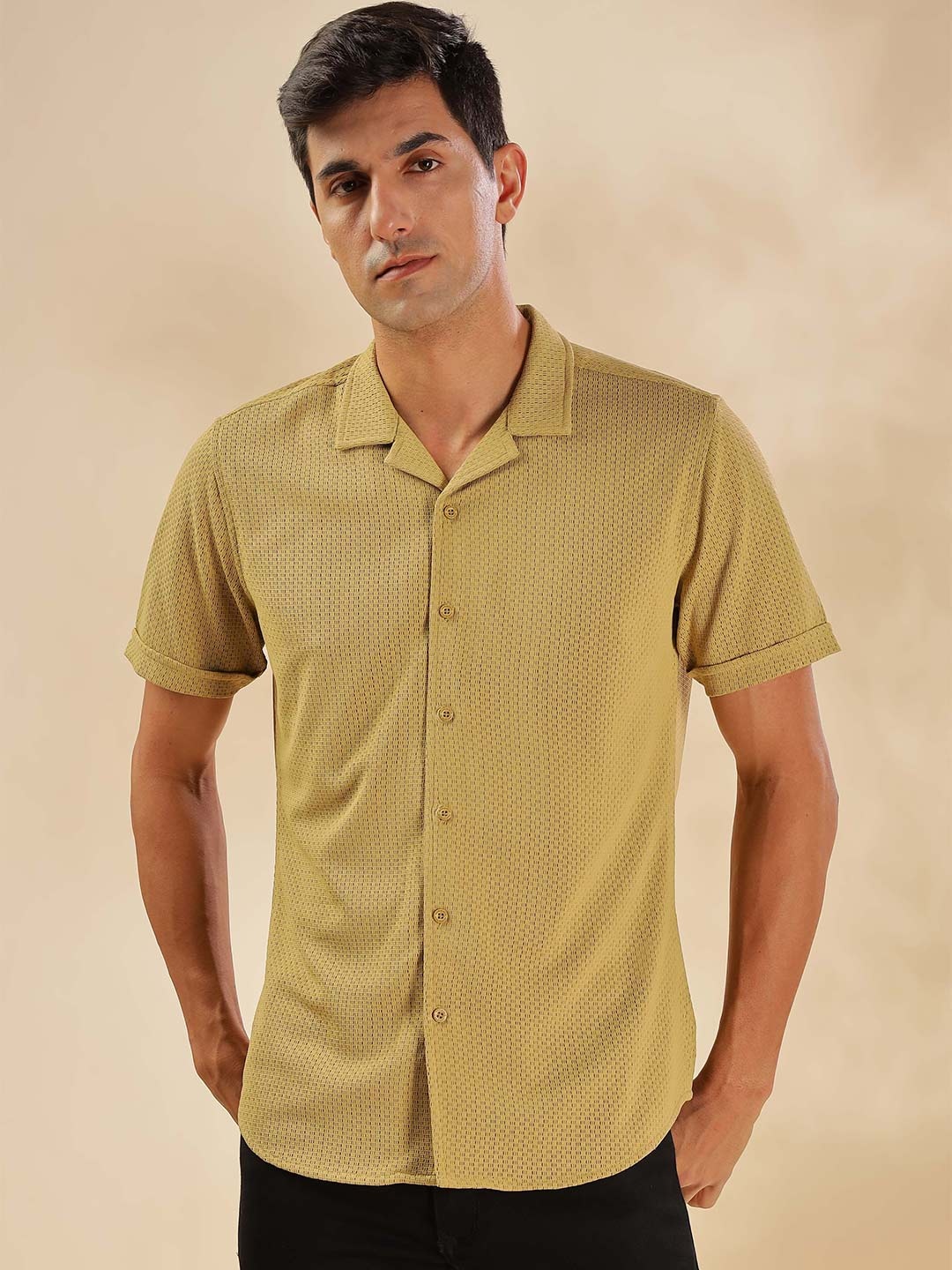 

HERE&NOW Men Cuban Collar Textured Slim Fit Casual Shirt, Mustard