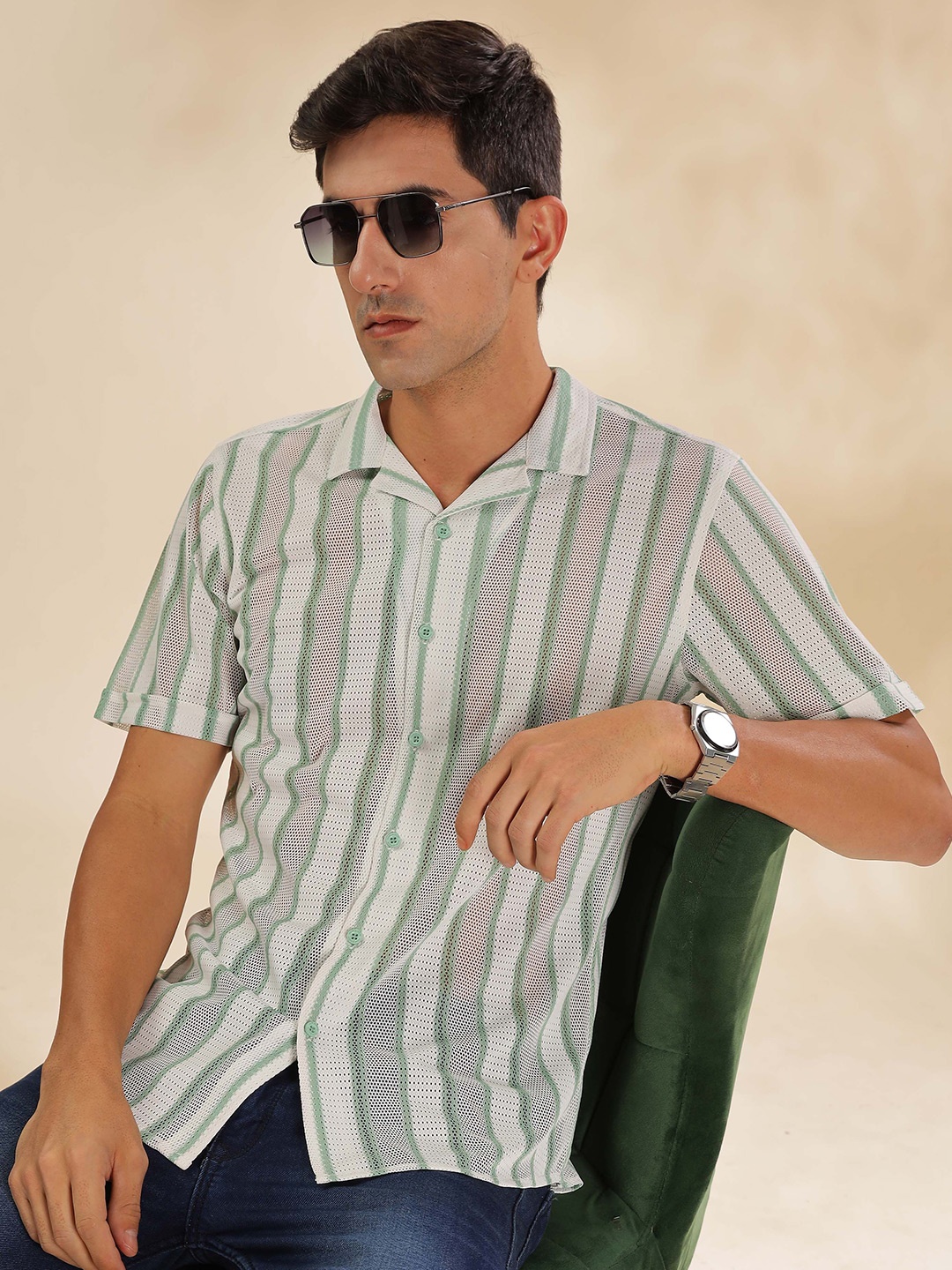 

HERE&NOW Men Cuban Collar Vertical Striped Casual Shirt, White