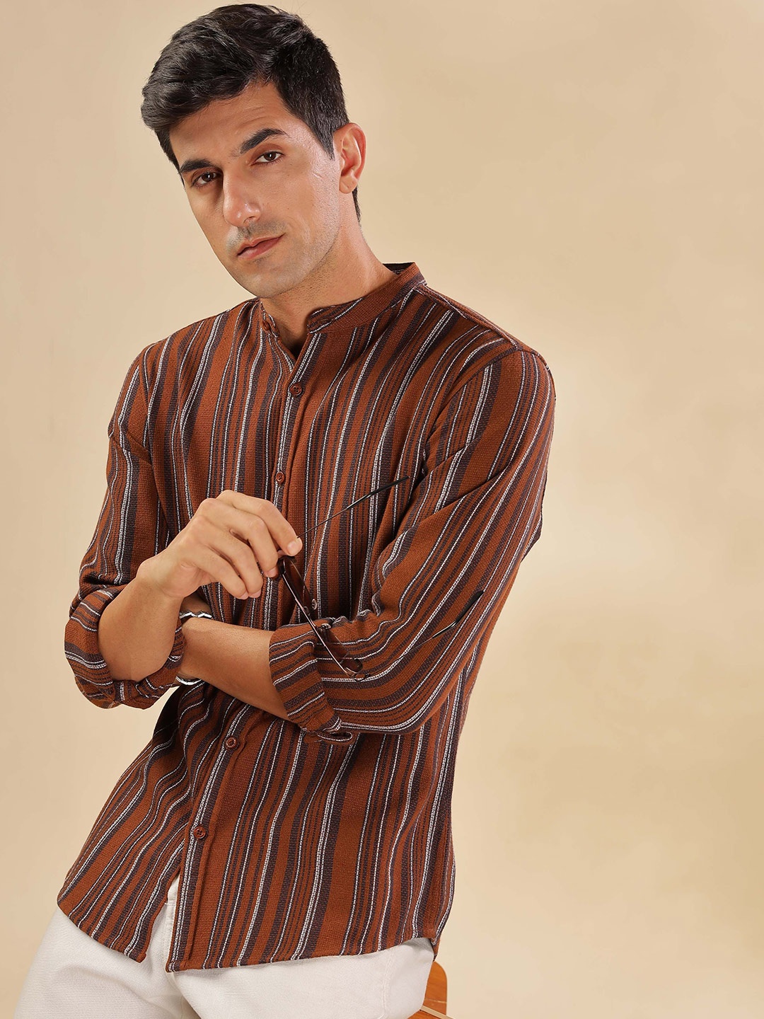 

HERE&NOW Men Slim Fit Striped Casual Shirt, Rust