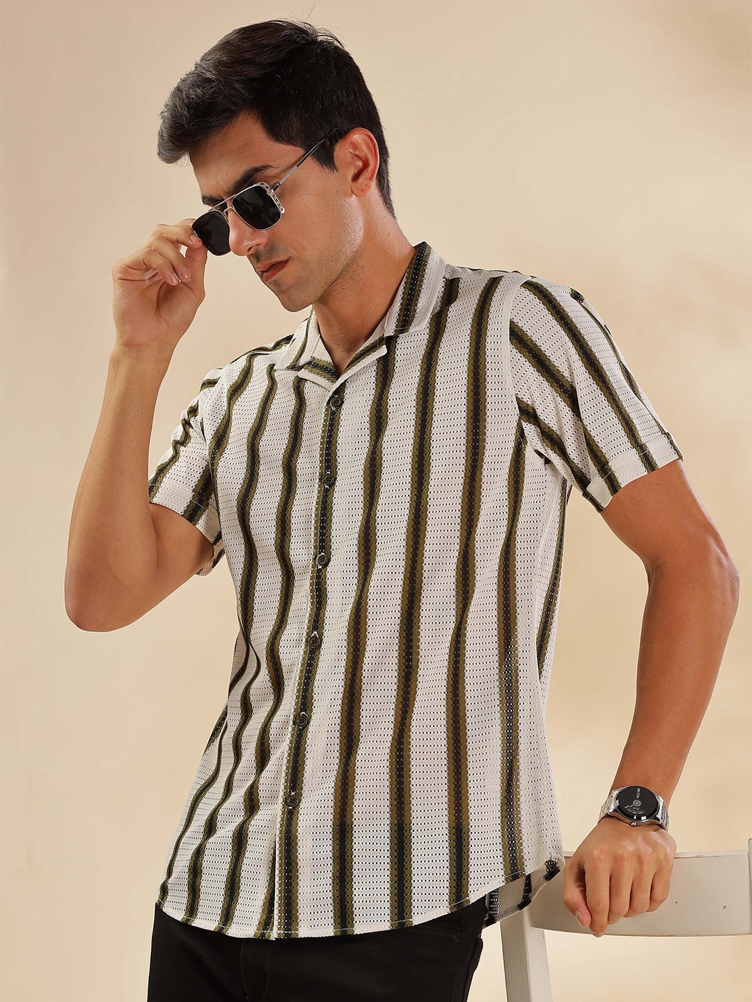 

HERE&NOW Men Cuban Collar Vertical Striped Slim Fit Casual Shirt, White