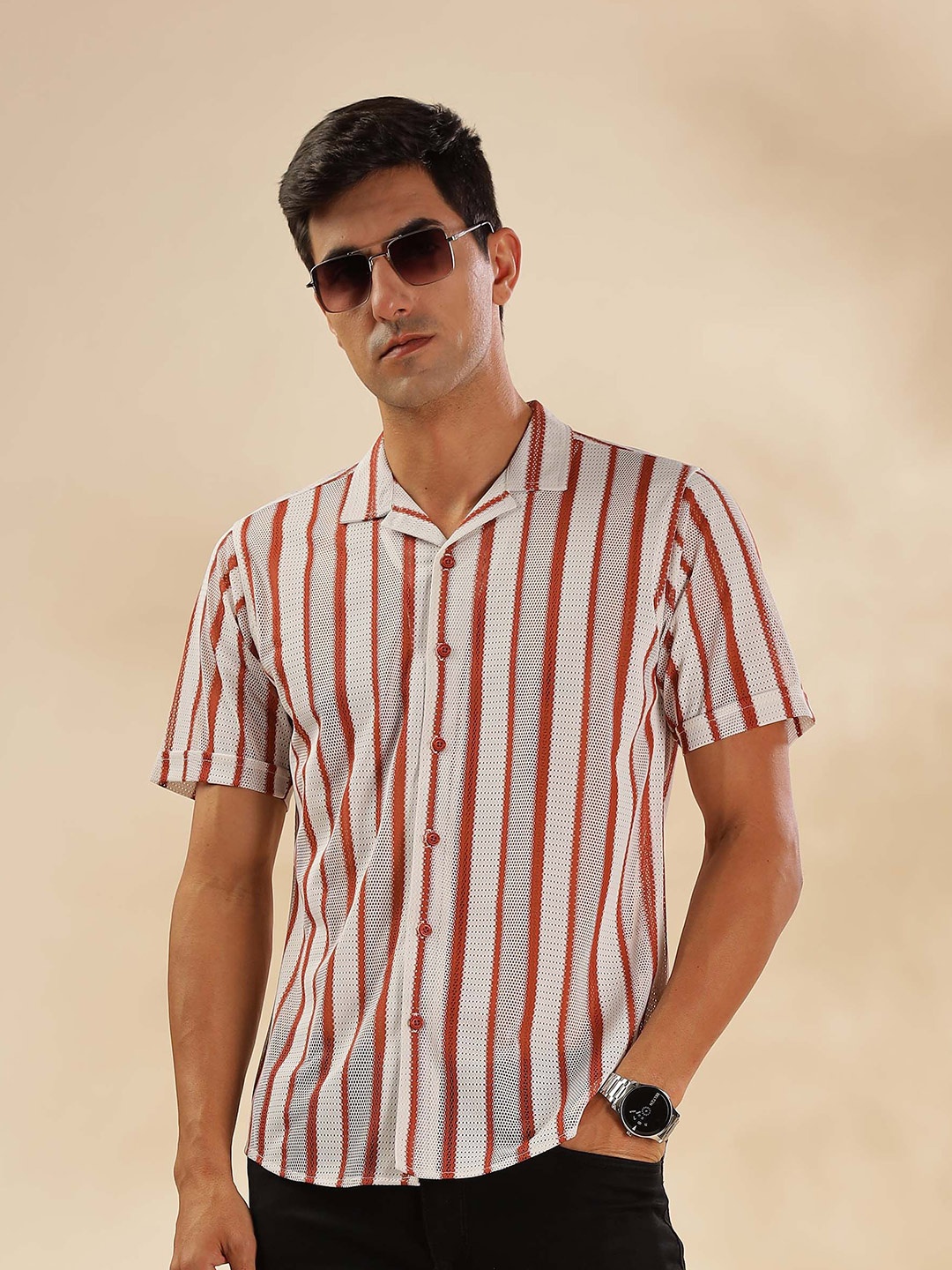 

HERE&NOW Men Cuban Collar Vertical Striped Slim Fit Casual Shirt, White