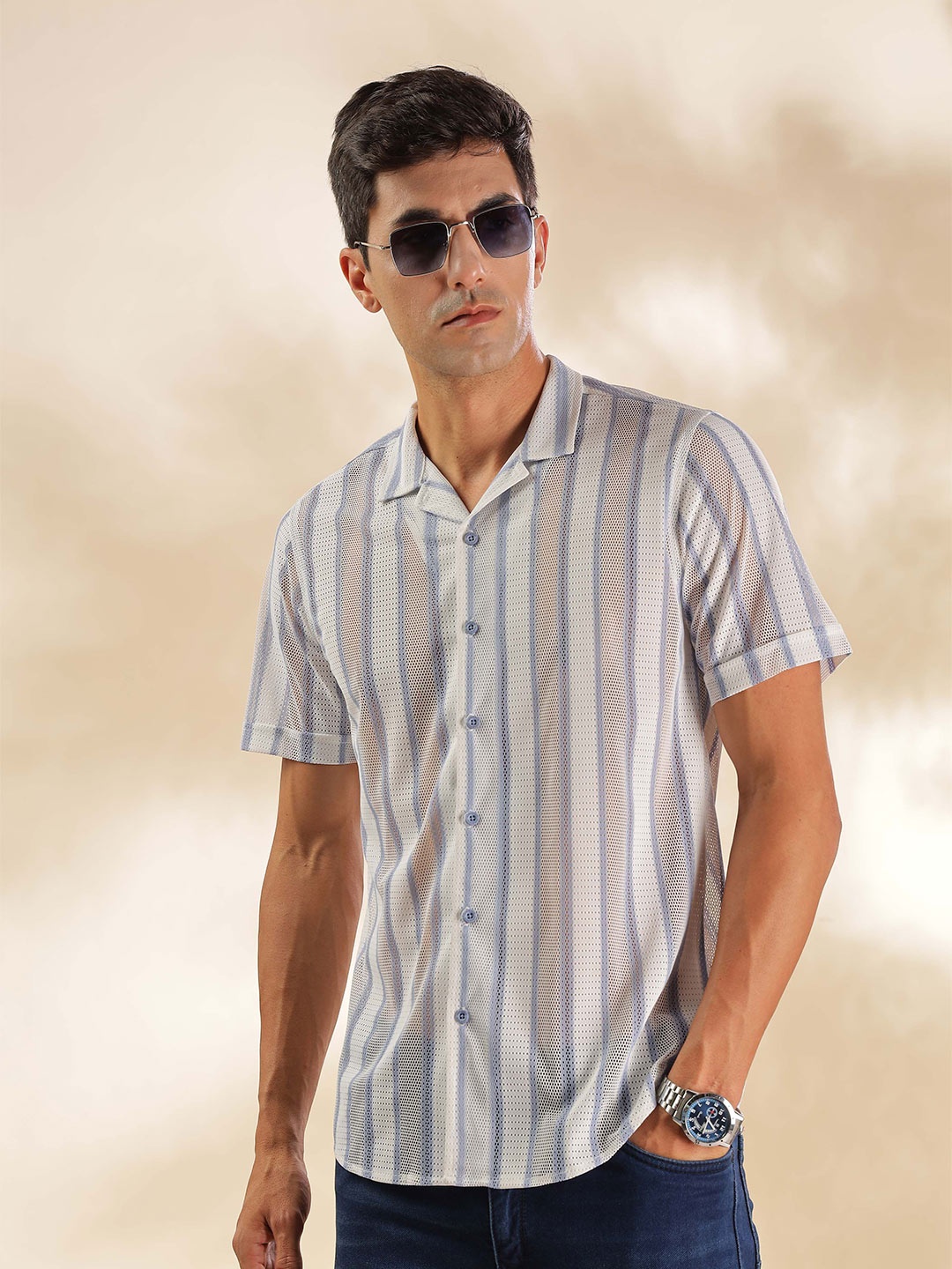 

HERE&NOW Men Vertical Striped Cuban Collar Slim Fit Casual Shirt, White