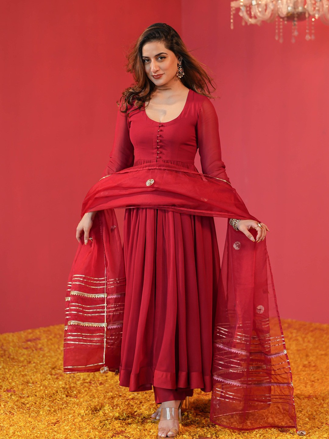 

GoSriKi Women Plus Size Anarkali Kurta With Trousers & Dupatta, Red