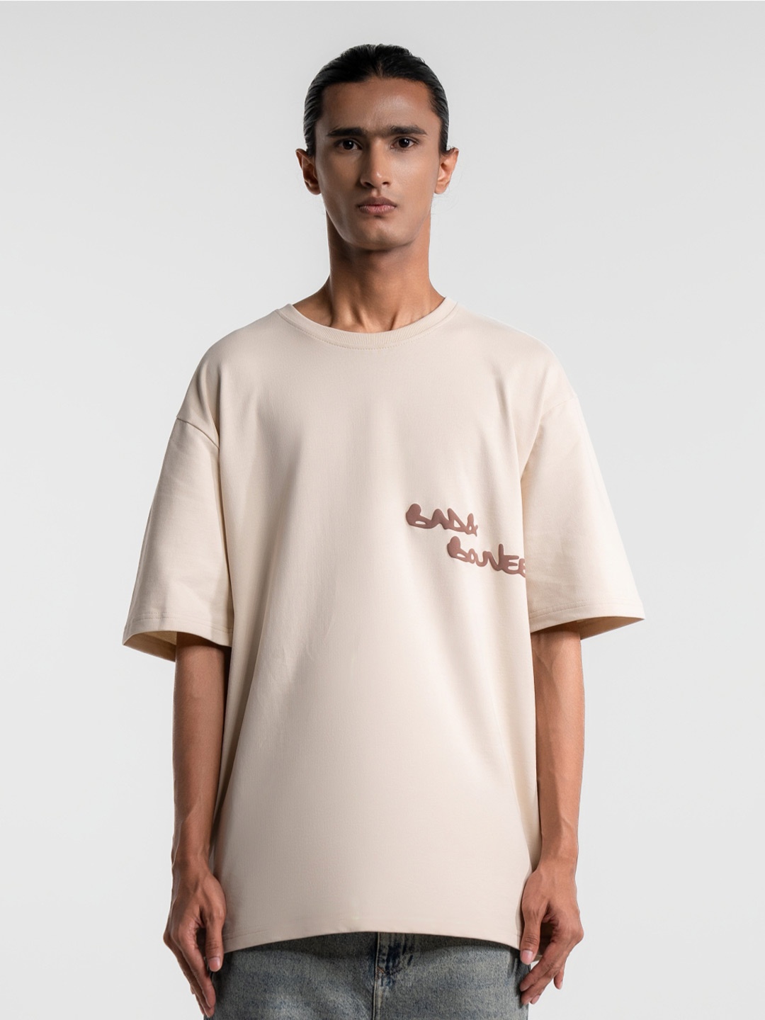 

Bad and Boujee Unisex Typography Printed Drop-Shoulder Sleeves T-shirt, Beige