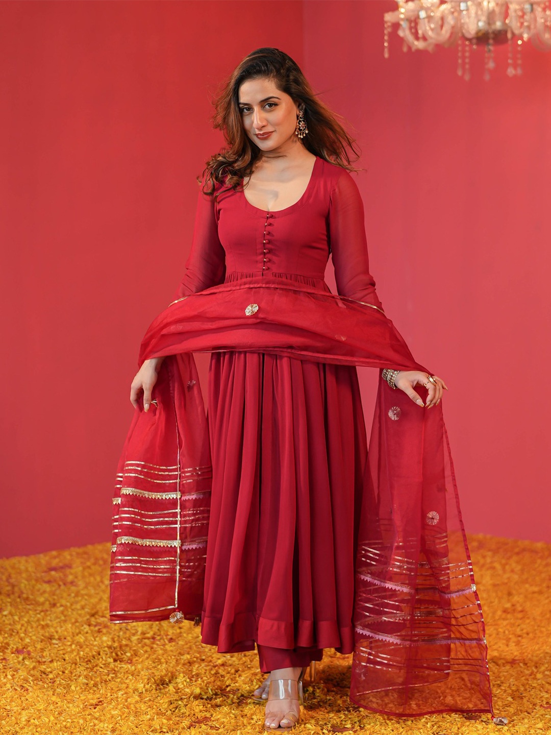 

Anni Designer Scoop Neck Regular Anarkali Kurta with Trouser & Dupatta, Red