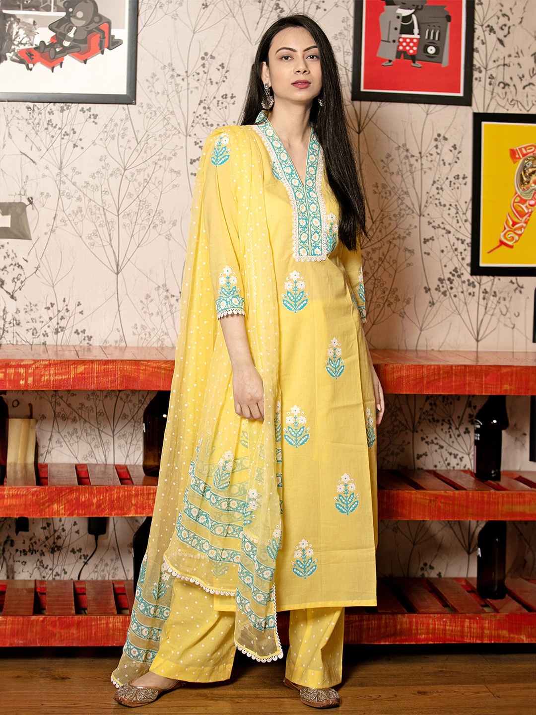 

Anni Designer Floral Printed Regular Straight Kurta with Palazzos & Dupatta, Mustard