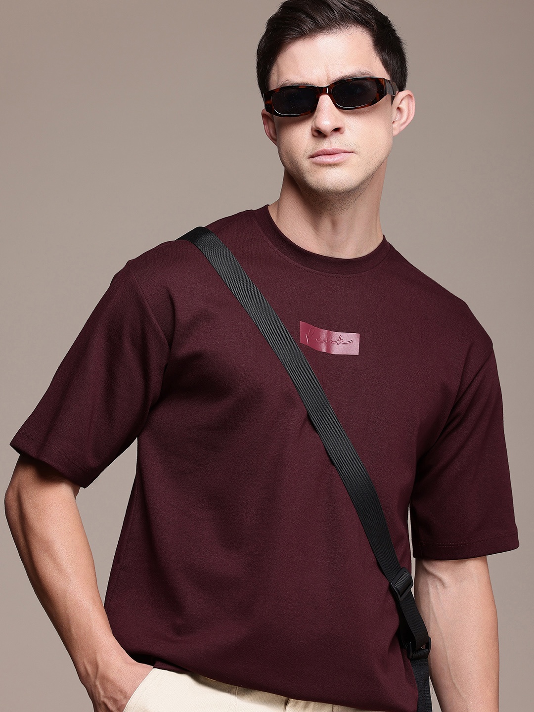 

FCUK Men Brand Logo Printed Bio Finish Oversized T-shirt, Burgundy