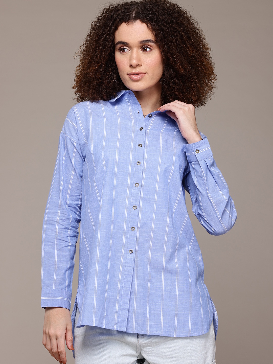 

Roadster Women Striped Pure Cotton Casual Shirt, Blue