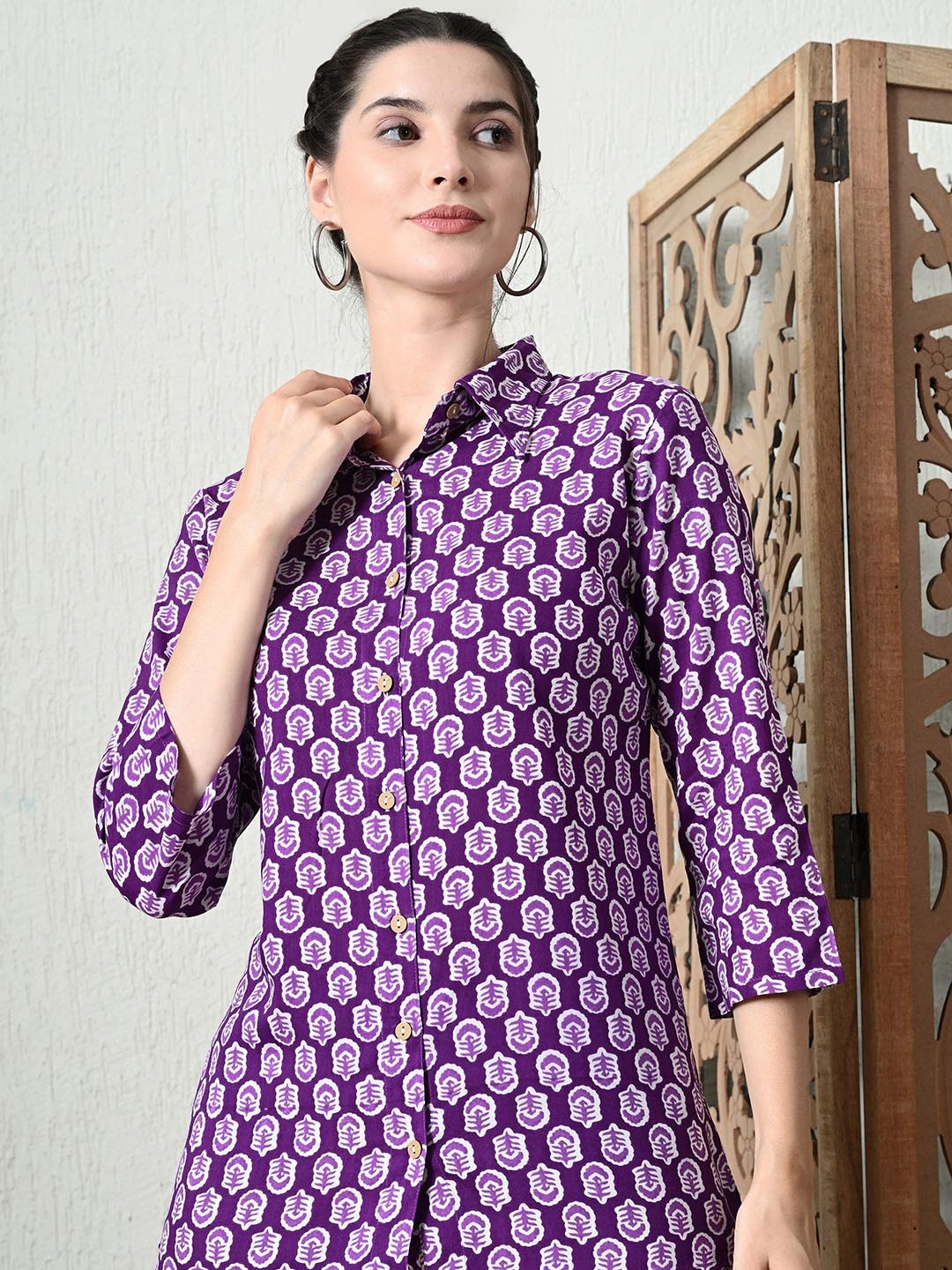 

VIDHANI Floral Printed Shirt Collar Three-Quarter Sleeves Shirt With Palazzo, Purple