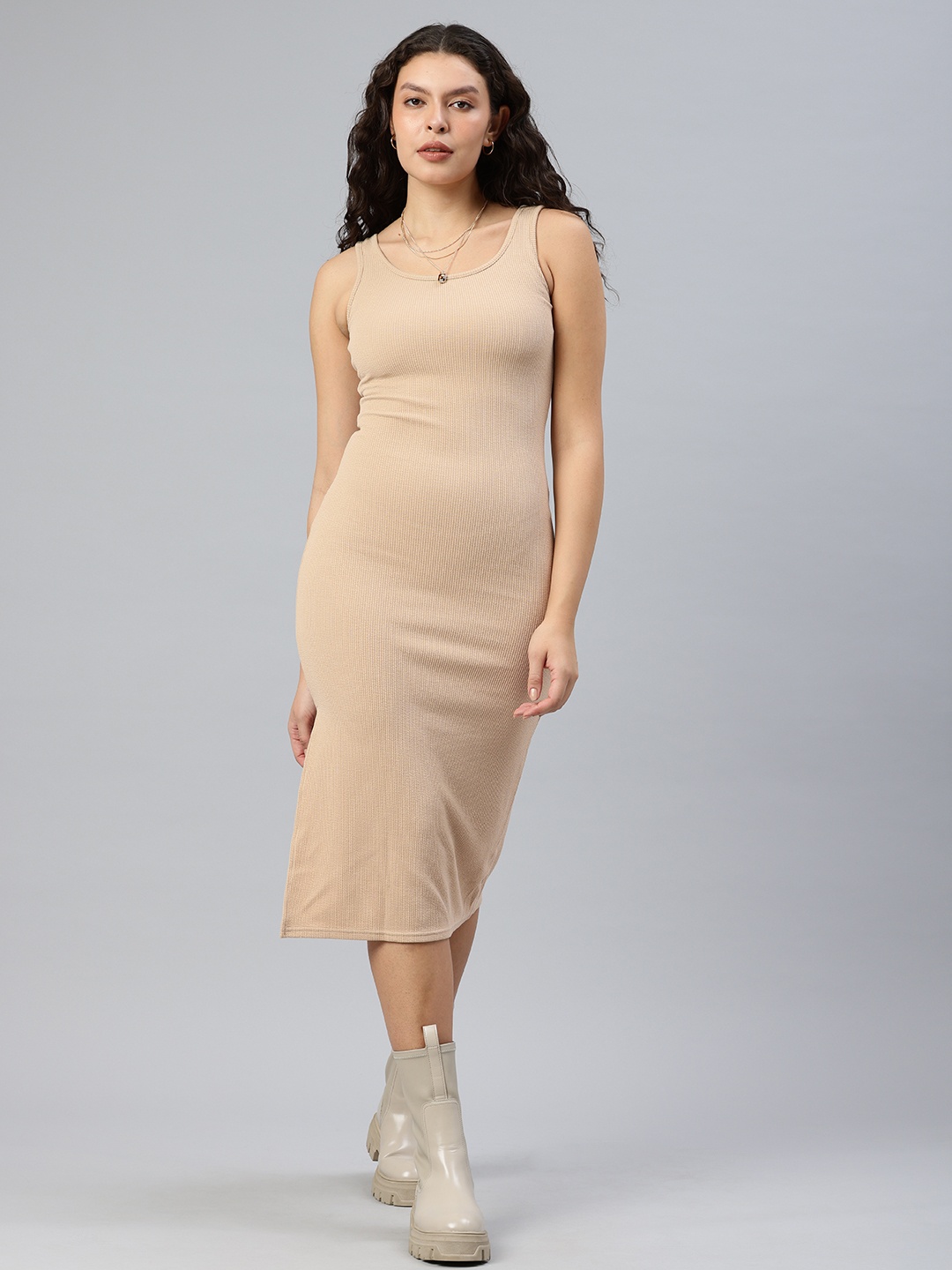 

London Rag Ribbed Knit Slit Sheath Midi Dress, Beige