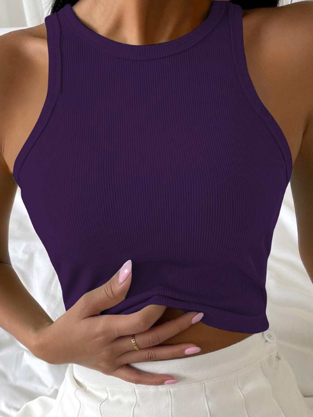 

TOOCHKI Women Round Neck Sleeveless Lycra Fitted Crop Tank Top, Purple