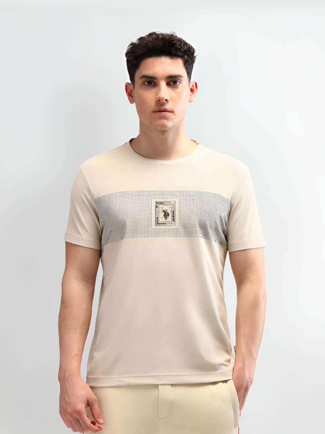 U.S. Polo Assn. Men Brand Logo Detail Striped Slim Fit T-shirt, Beige