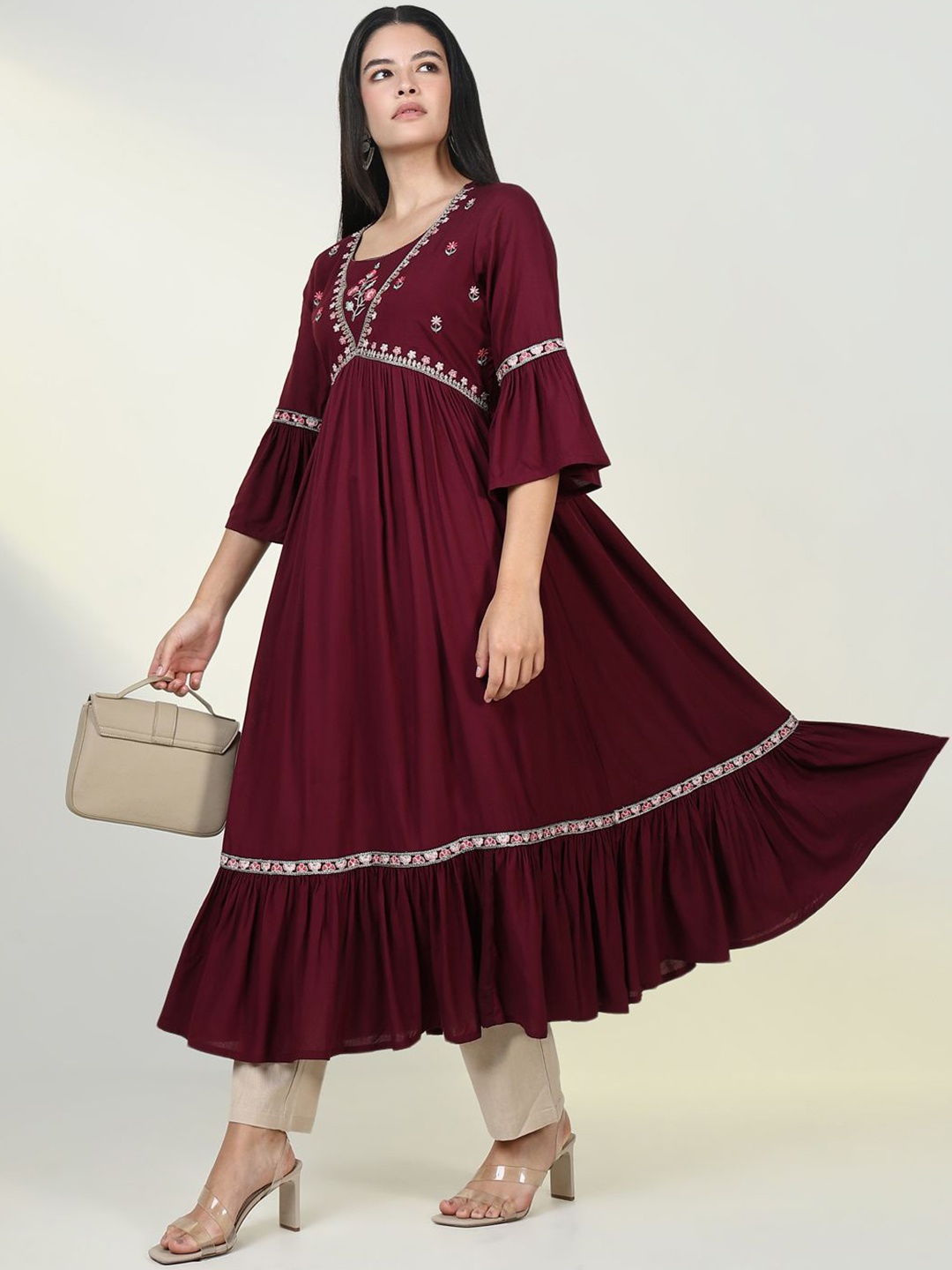 

SHOWOFF Floral Embroidered Bell Sleeves Thread Work Empire Anarkali Kurta, Maroon