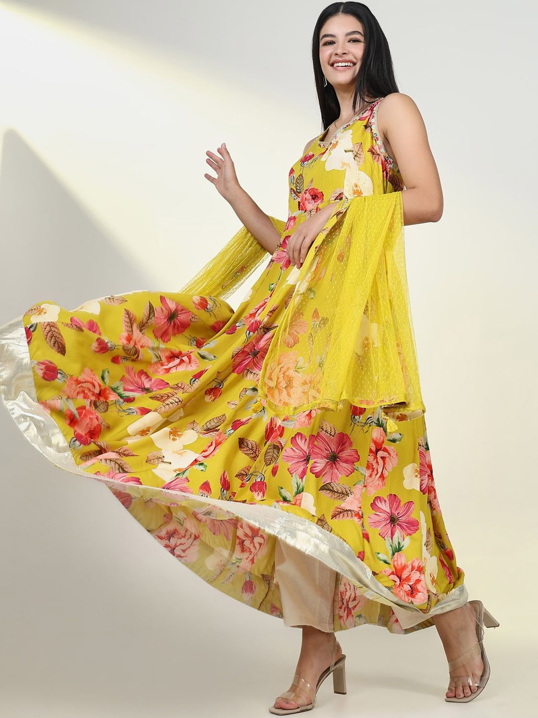SHOWOFF V-Neck Floral Printed Thread Work Anarkali Kurta with Dupatta, Mustard