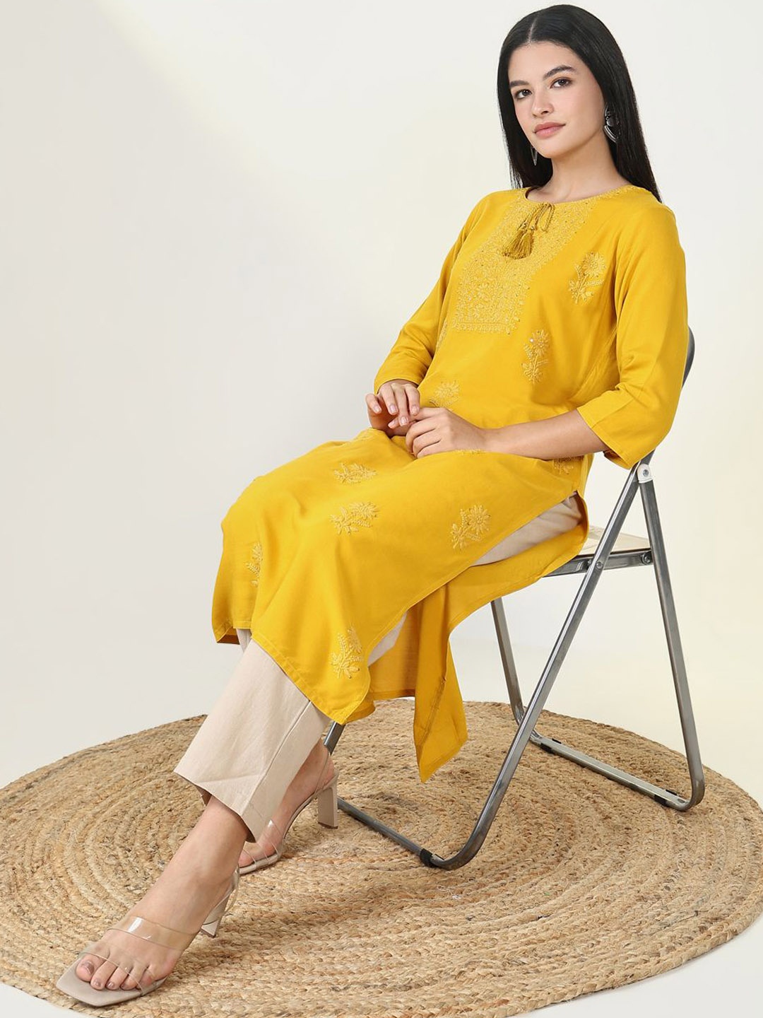 

SHOWOFF Tie-Up Neck Floral Embroidered Chikankari Straight Kurta, Yellow