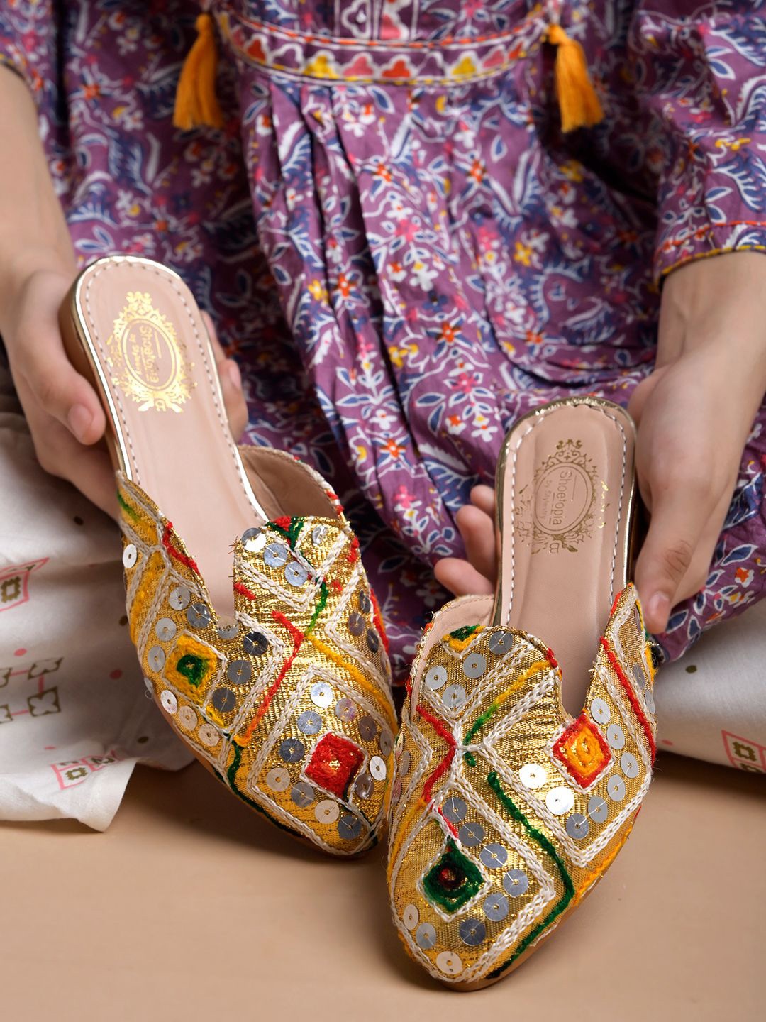 

Shoetopia Girls Embellished Ethnic Mules Flats, Gold