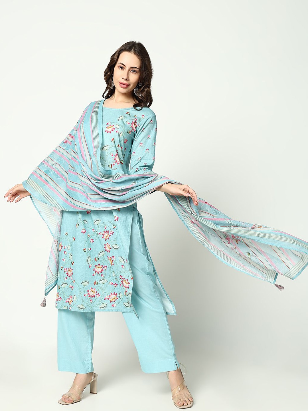 

SHOWOFF Floral Printed Round Neck Regular Beads Work Kurta With Trouser With Dupatta, Blue