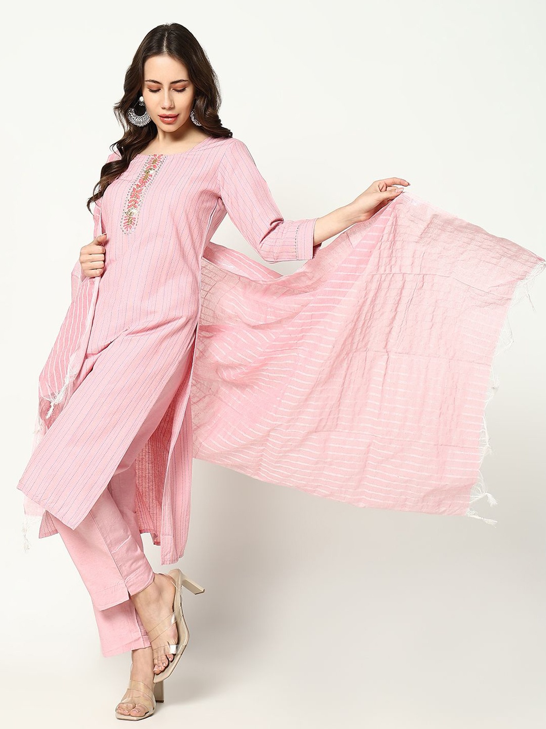 

SHOWOFF Round Neck Striped Kantha Work Straight Kurta with Trouser & Dupatta, Pink