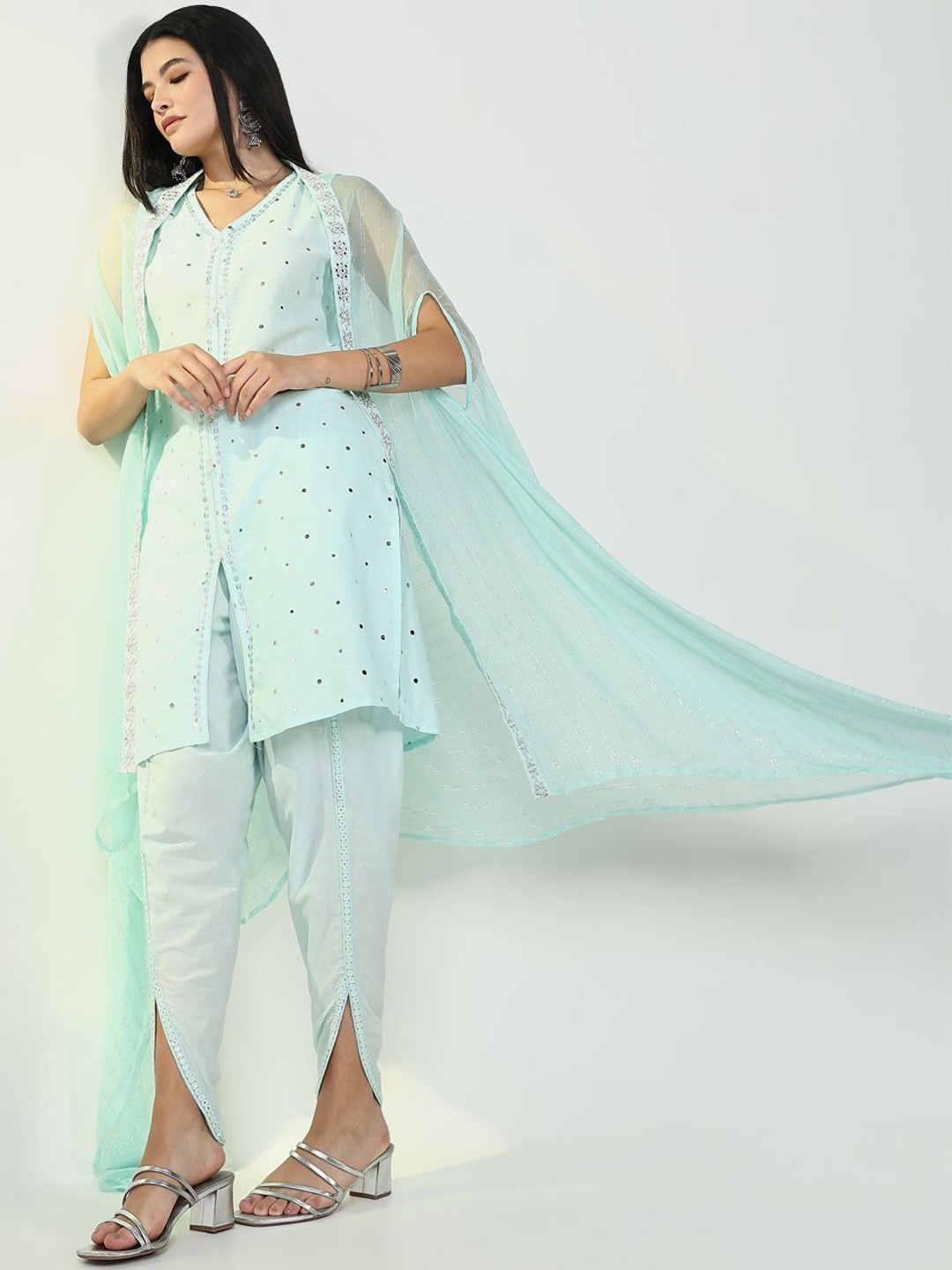 

SHOWOFF Embroidered Sequinned Straight Kurta with Dhoti Pants & Shrug, Blue