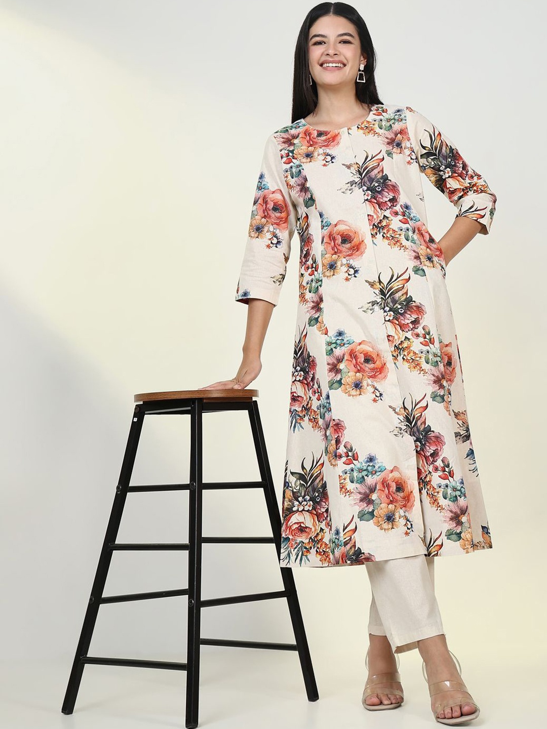 

SHOWOFF Floral Printed Regular A-Line Kurta with Trousers, Cream