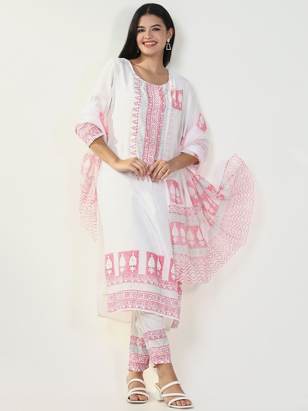 

SHOWOFF Ethnic Motifs Printed Sequinned Cotton Silk Straight Kurta With Trousers & Dupatta, White