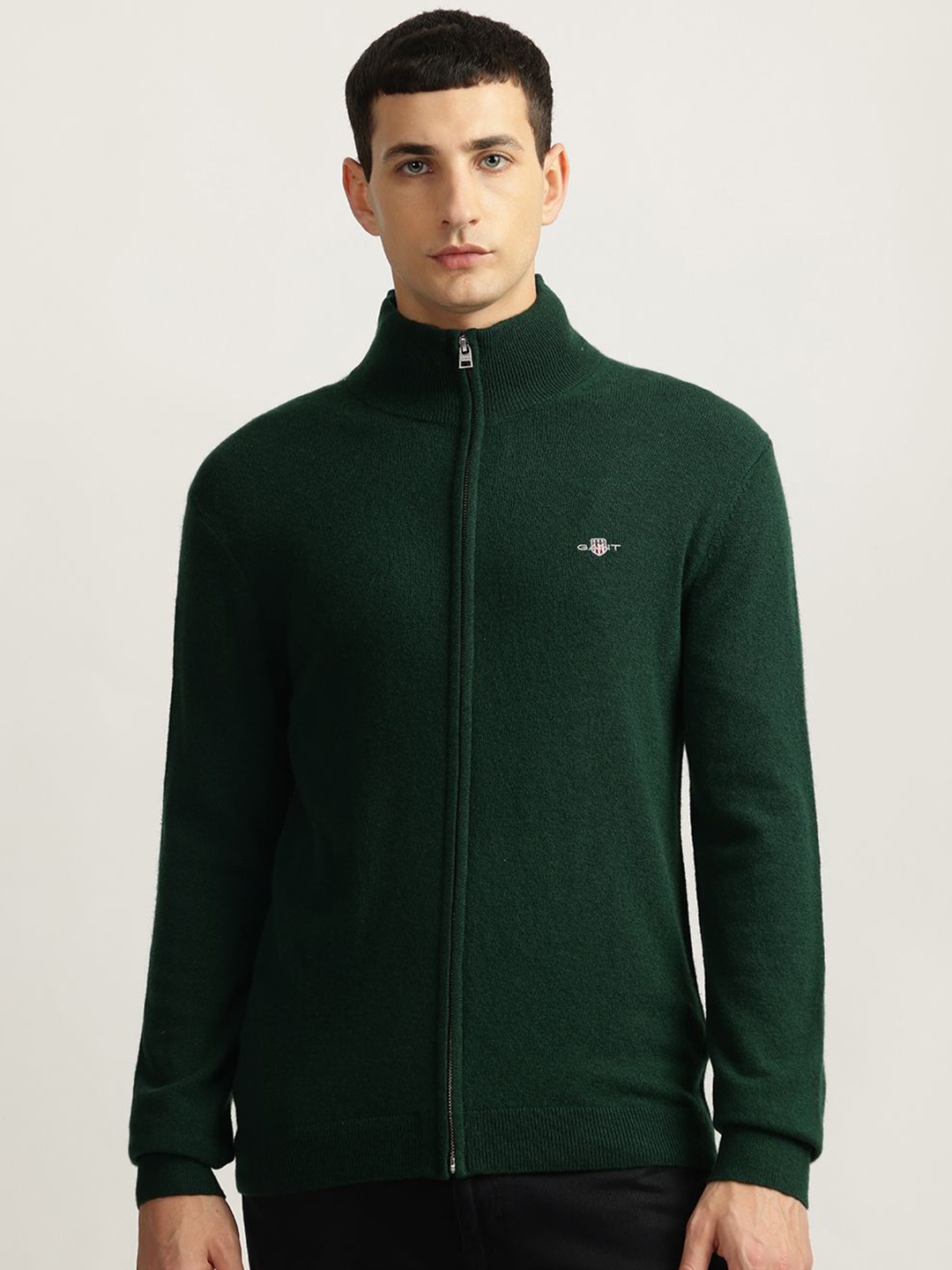 

GANT Men Woollen Mock Collar Front-Open Sweaters, Green