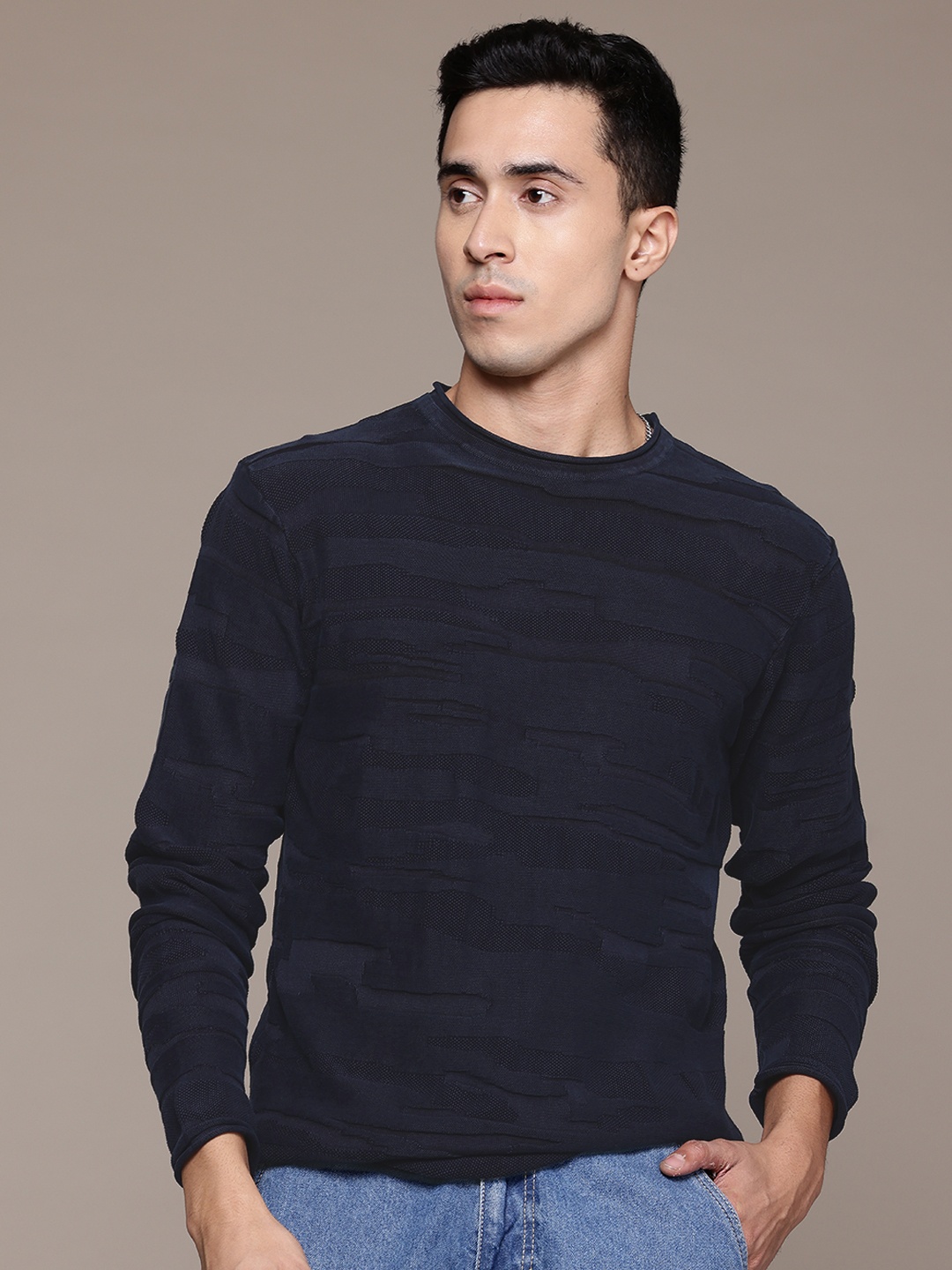 

The Roadster Life Co. Pure Cotton Self-Design Pullover Sweater, Navy blue