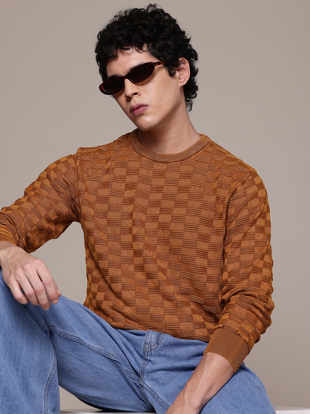 

The Roadster Life Co. Pure Cotton Self-Design Checked Pullover Sweater, Rust