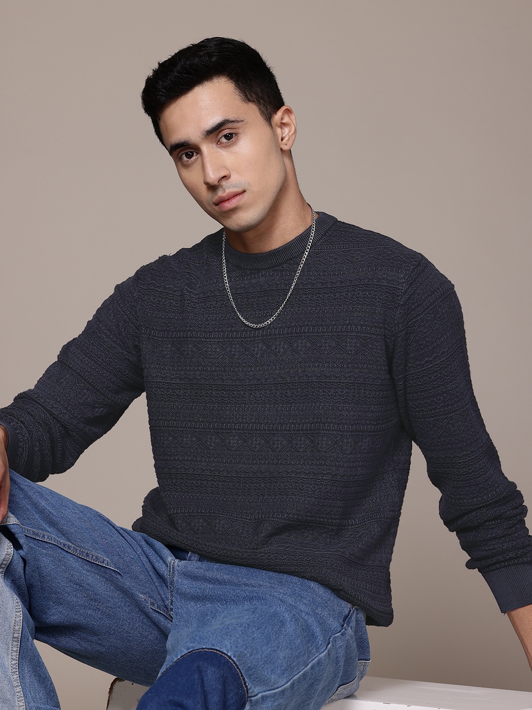 

The Roadster Life Co. Pure Cotton Self-Design Pullover Sweater, Charcoal