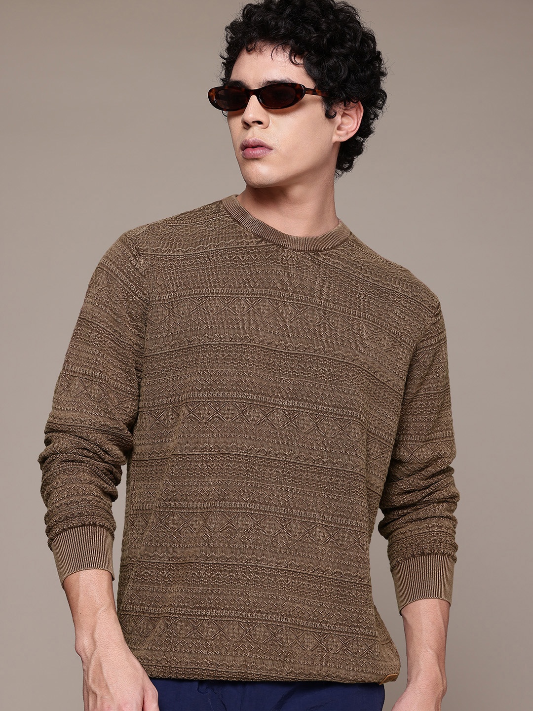 

The Roadster Life Co. Pure Cotton Self-Design Pullover Sweater, Brown