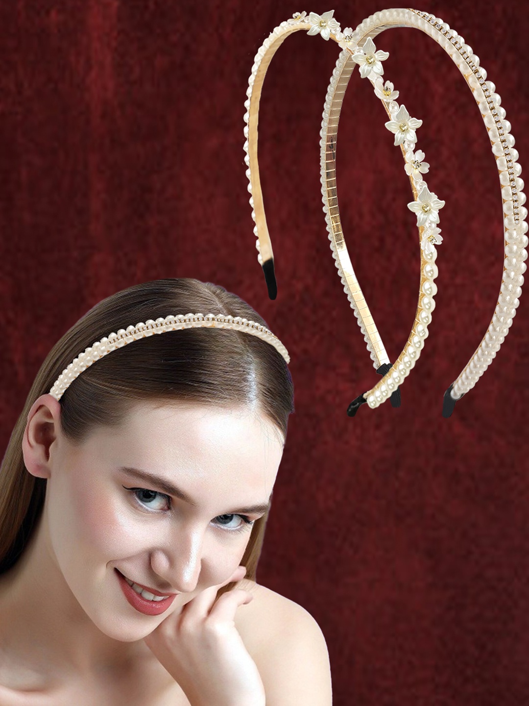 

MAJESTIQUE Women Set of 2 Western Embellished Hairband, White