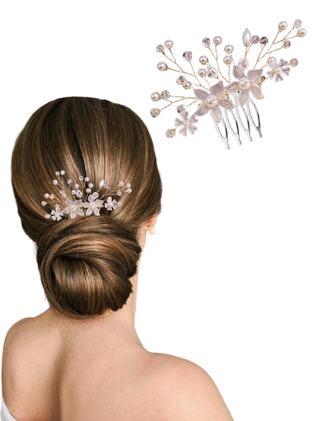 

MAJESTIQUE Women Embellished Pearls & Flowers Comb Pin, Silver