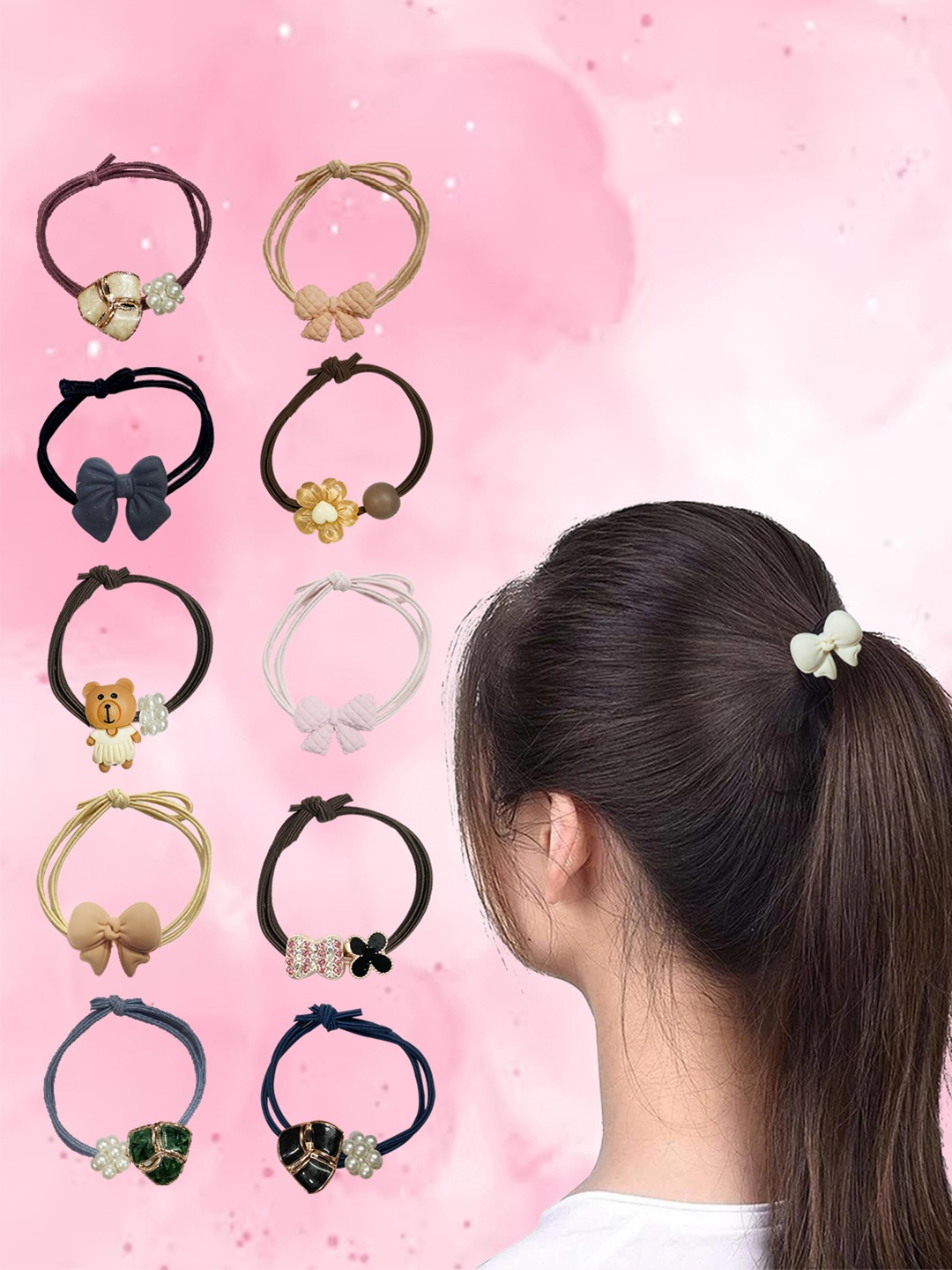 

MAJESTIQUE Women Pack Of 10 Embellished Ponytail Holders, Black