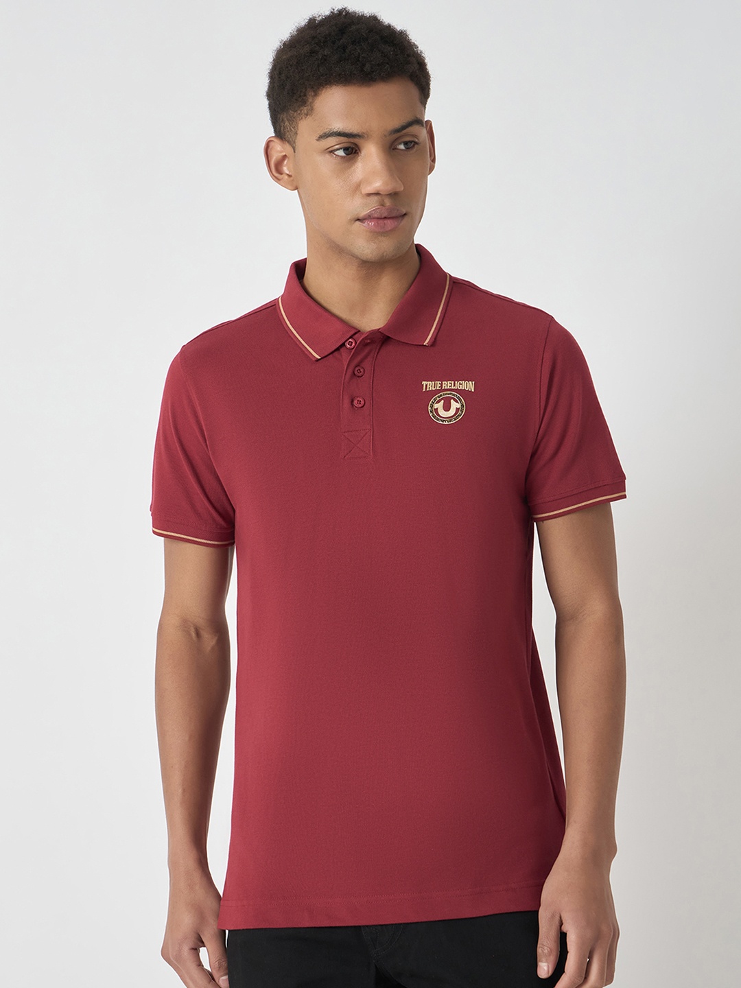 

True Religion Men Polo Collar Applique Pure Cotton T-shirt, Red