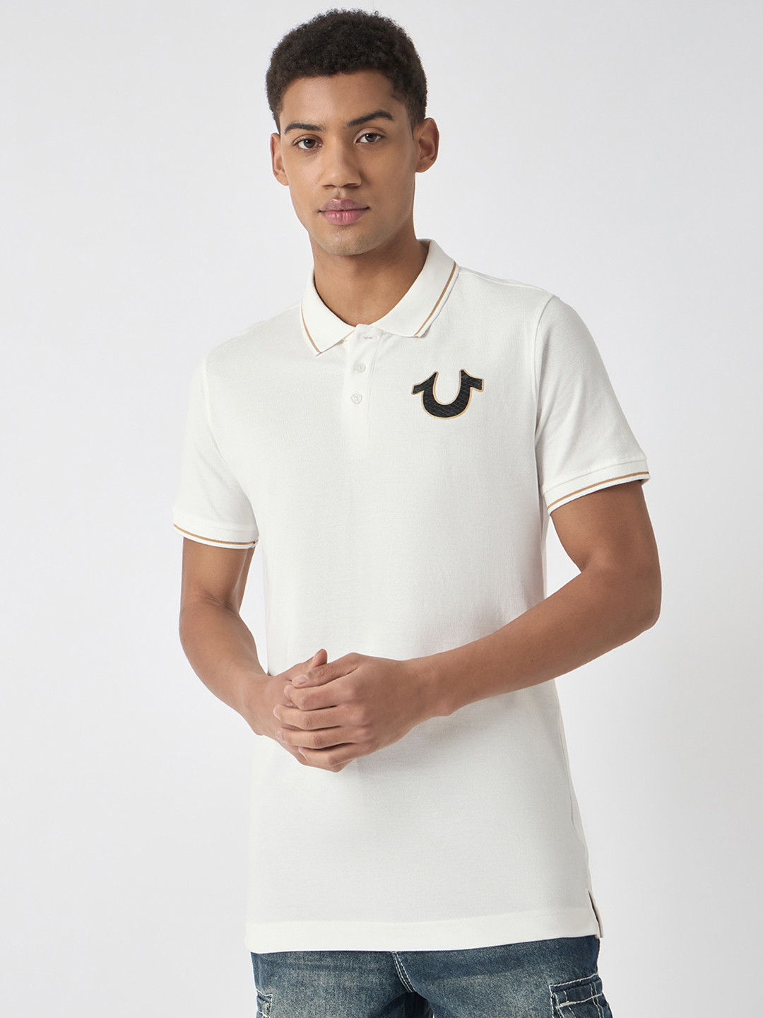 

True Religion Solid Polo Collar Brand Logo Applique T-shirt, White
