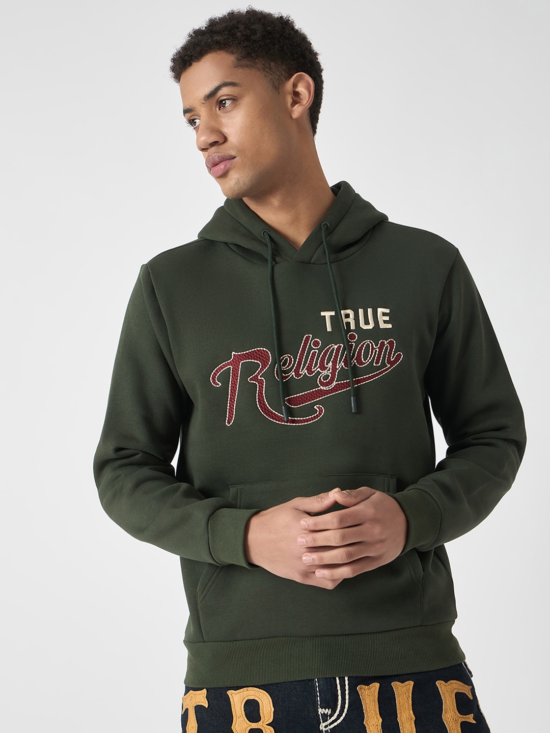 

True Religion Men Embroidered Full Sleeves Hooded Sweatshirt, Green