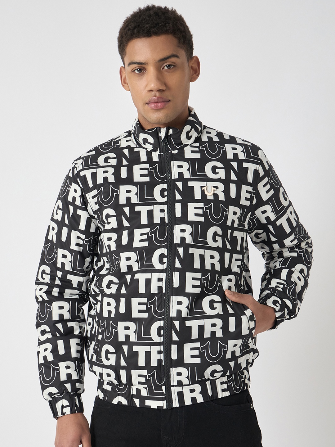 True Religion Typography Printed Bomber Jacket, Black