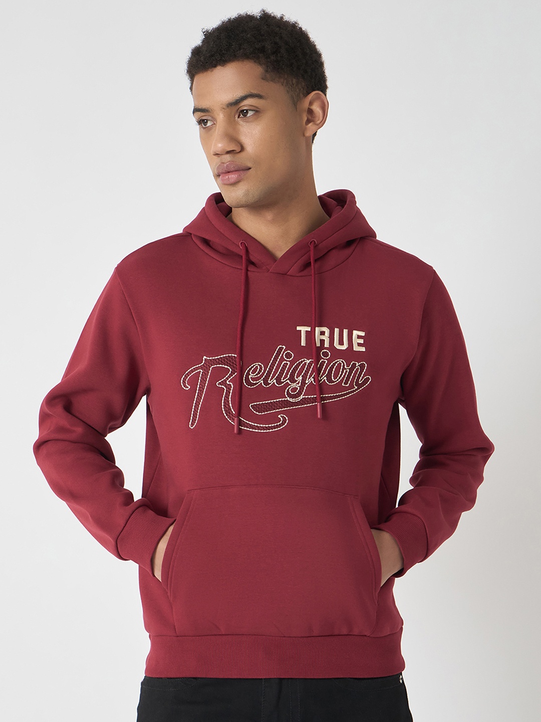 

True Religion Men Embroidered Full Sleeves Hooded Sweatshirt, Red