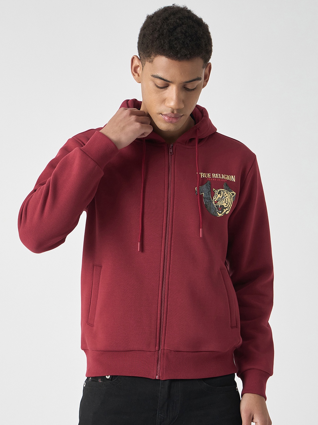 

True Religion Men Brand Logo Printed Hooded Full Sleeves Front Open Sweatshirt, Red