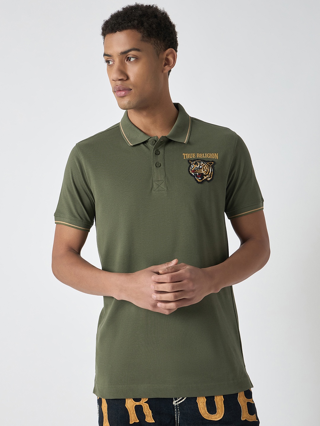 

True Religion Brand Logo Polo Collar T-shirt Applique Applique Detail, Green
