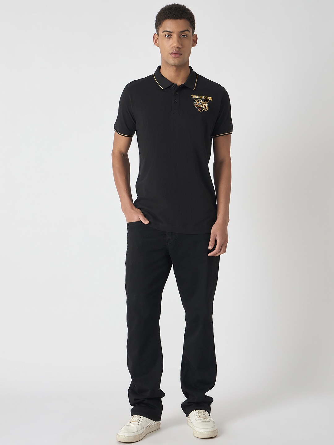 

True Religion Men Polo Collar T-shirt with Applique Detail, Black