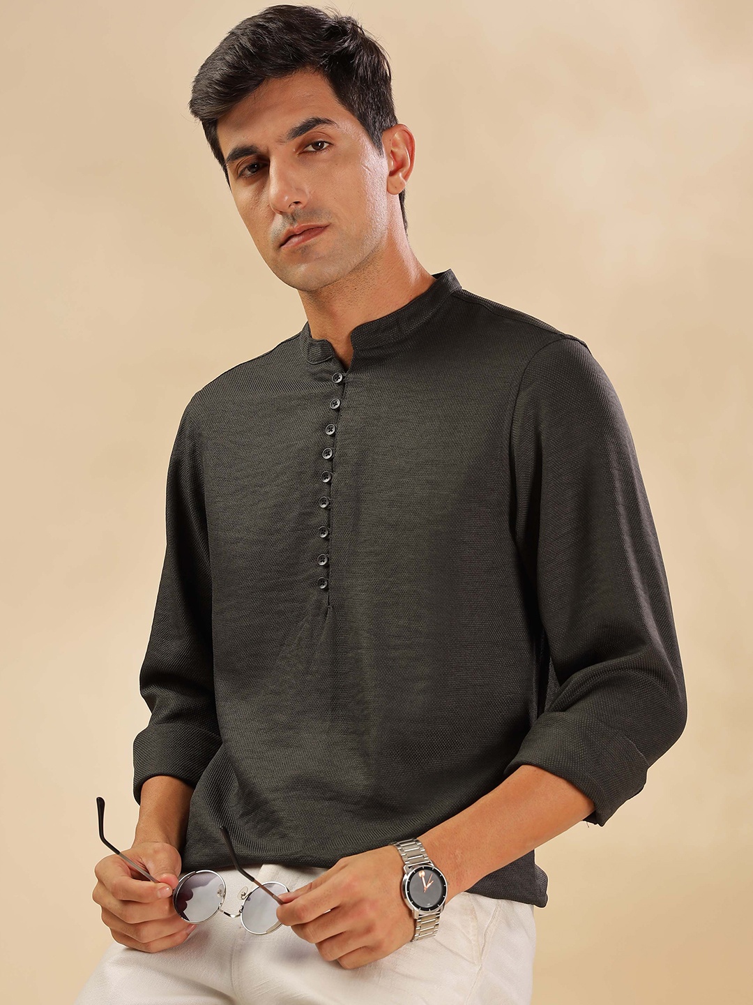 

HERE&NOW Mandarin Collar Straight Short Kurta, Olive