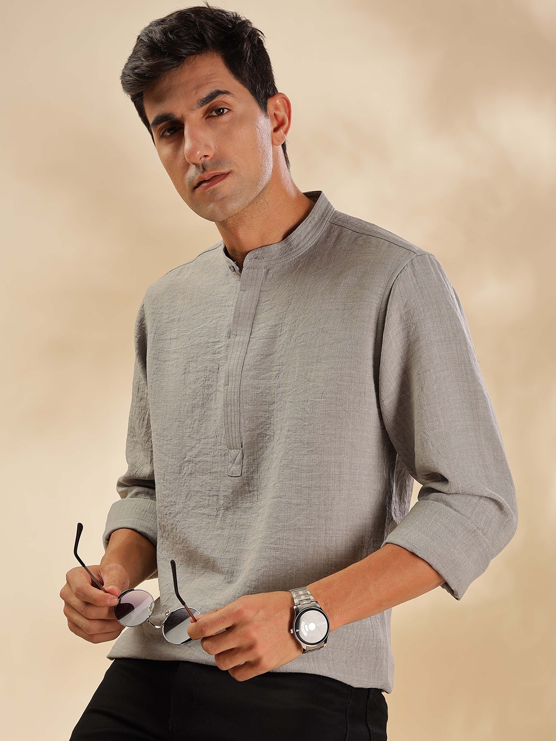 

HERE&NOW Mandarin Collar Straight Short Kurta, Grey