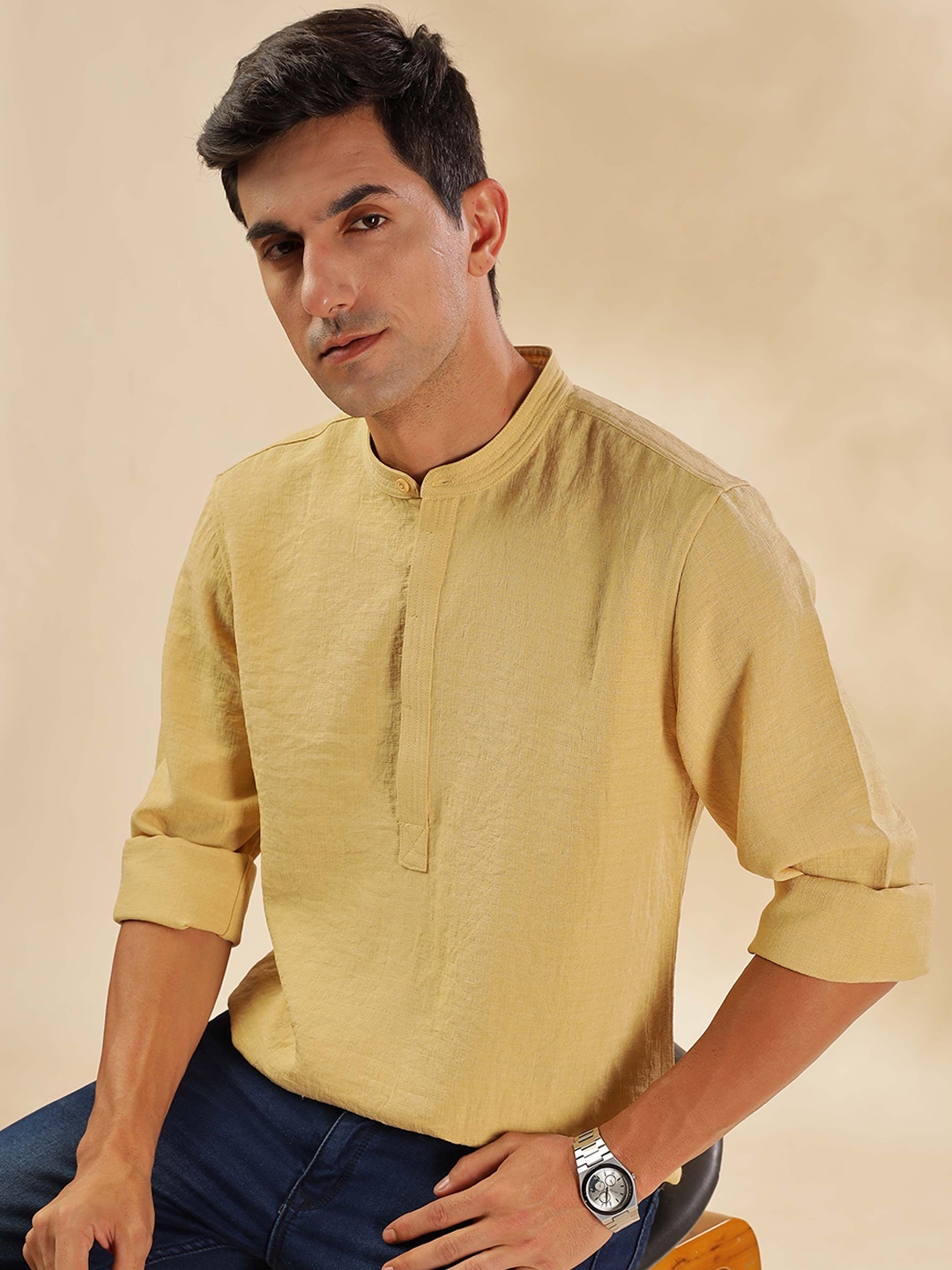 

HERE&NOW Mandarin Collar Straight Short Kurta, Mustard