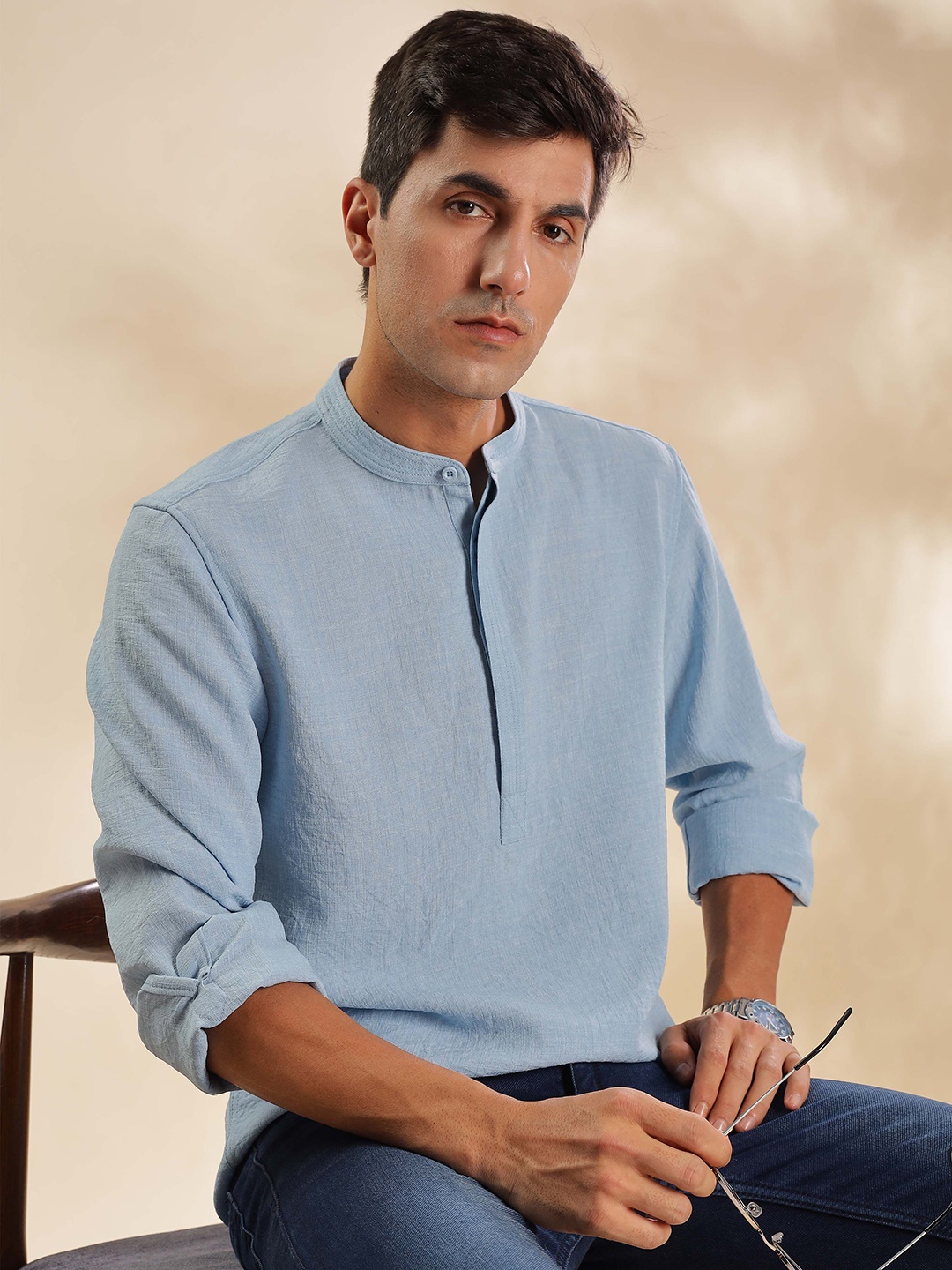 

HERE&NOW Woven Design Mandarin Collar Straight Short Kurta, Blue