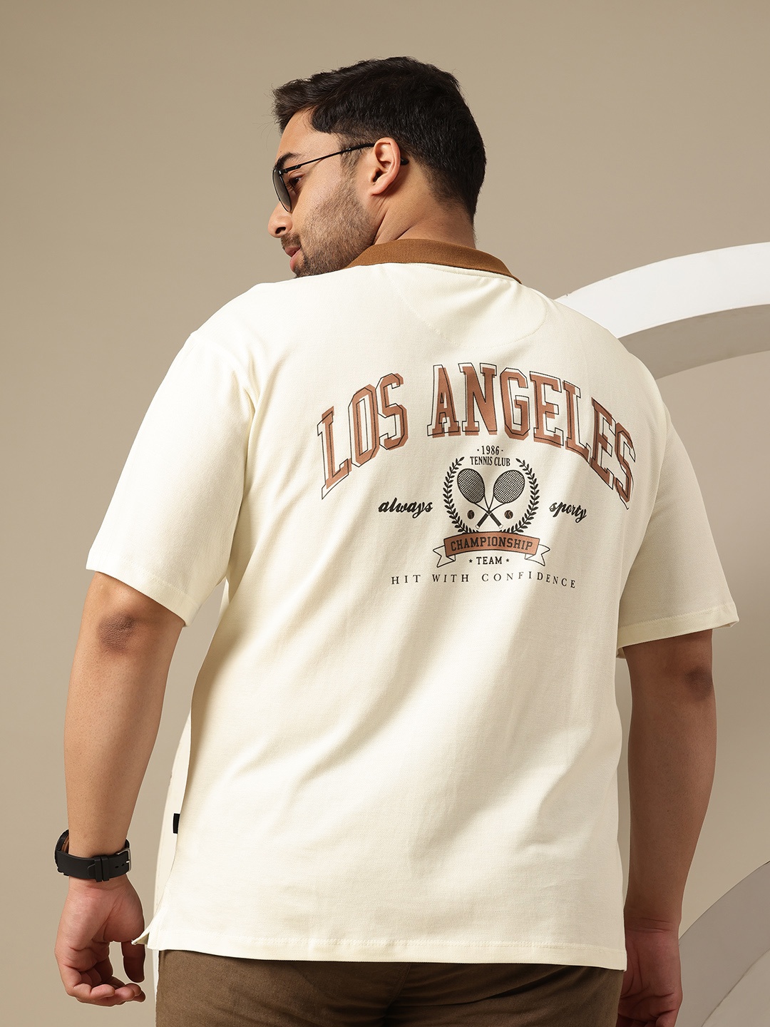 

Sztori Plus Size Typography Printed Polo Collar T-shirt, Beige