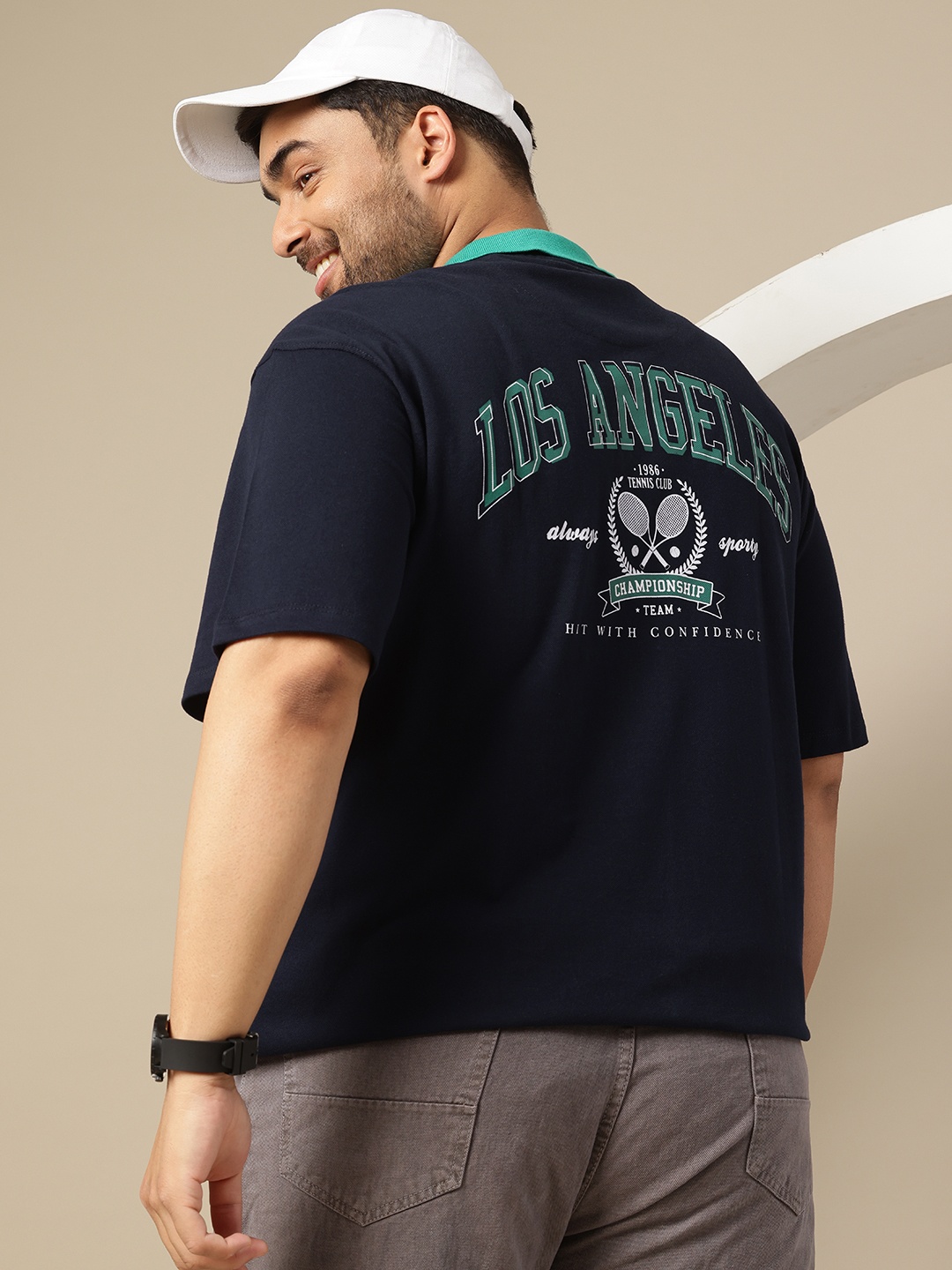 

Sztori Plus Size Typography Printed Polo Collar T-shirt, Navy blue