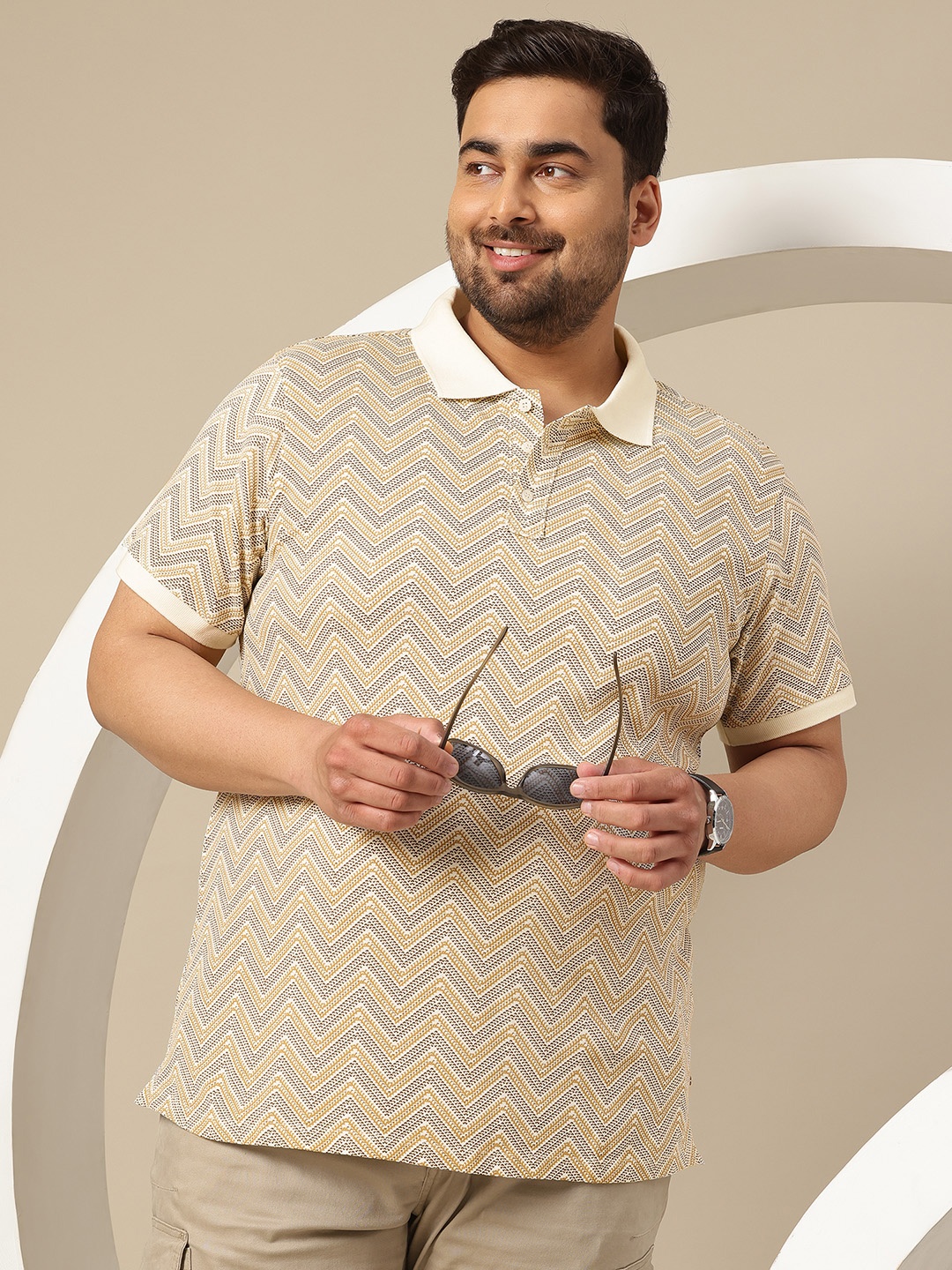 

Sztori Plus Size Printed Polo Collar T-shirt, Beige