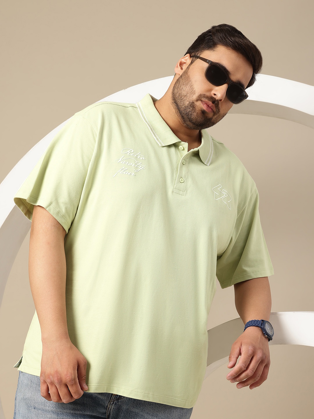Sztori Plus Size Polo Collar Pure Cotton T-shirt, Green
