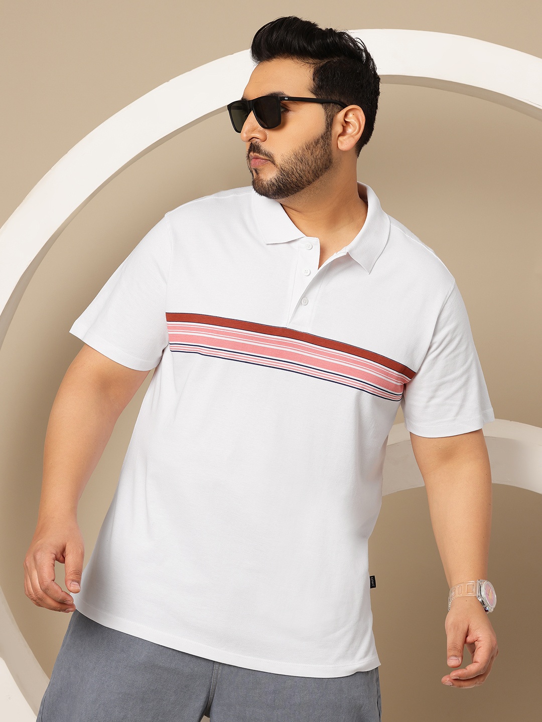 

Sztori Plus Size Horizontally Striped Pure Cotton Polo Collar T-shirt, White